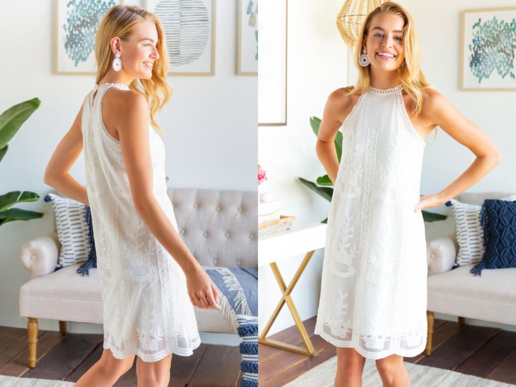 woman wearing Felicia High Neck Lace Dress