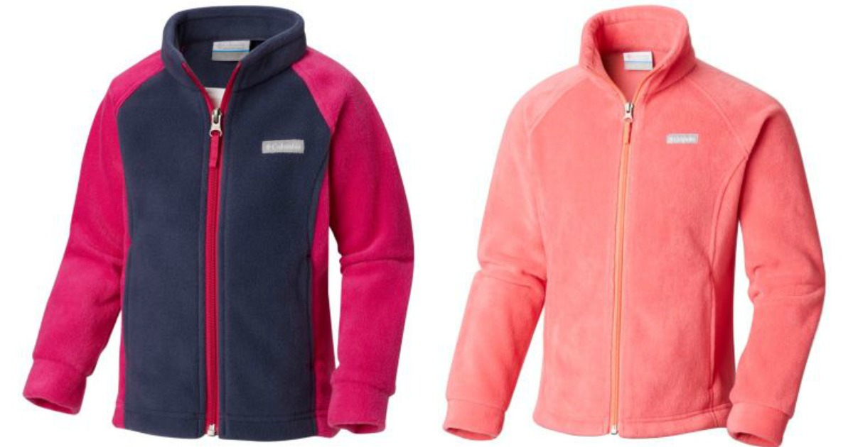 two girls fleece jackets in pink and purple