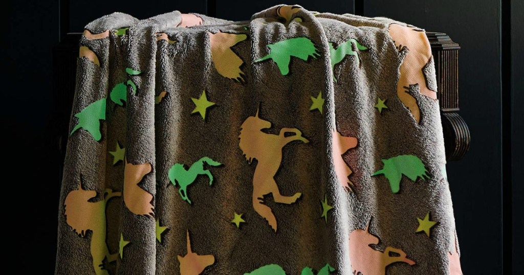 Unicorn print glow in the dark grey throw blanket