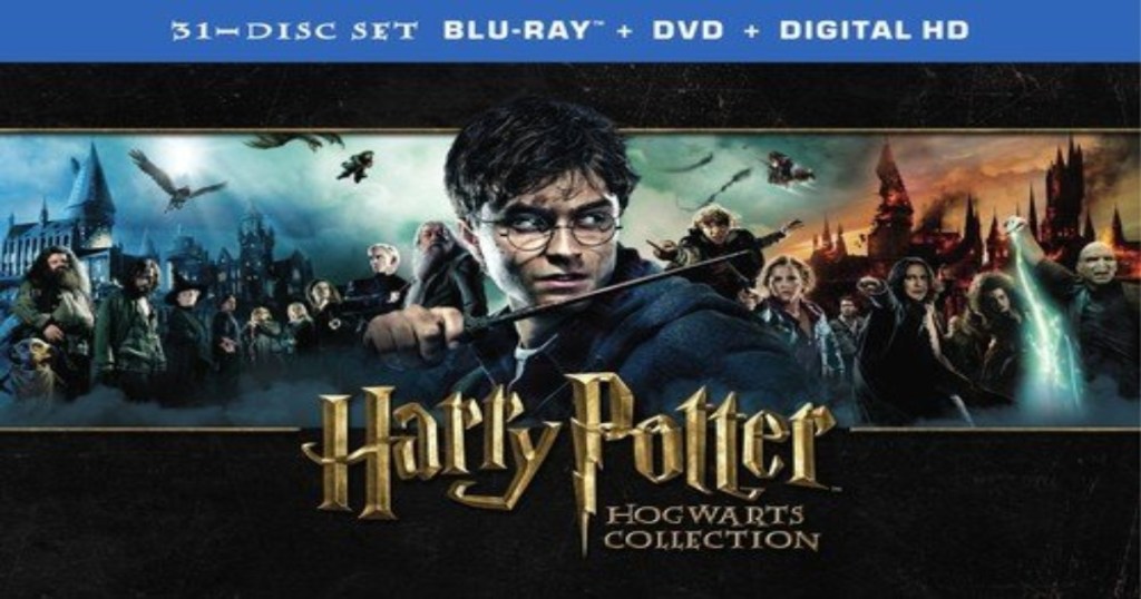 Harry Potter, Hogwarts collection. Cover of the 31 disct set with Harry Potter front and all characters in the background.
