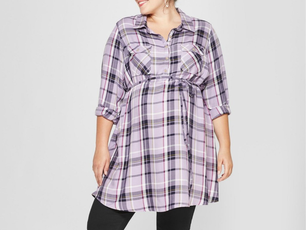 woman modeling plaid maternity shirt/dress