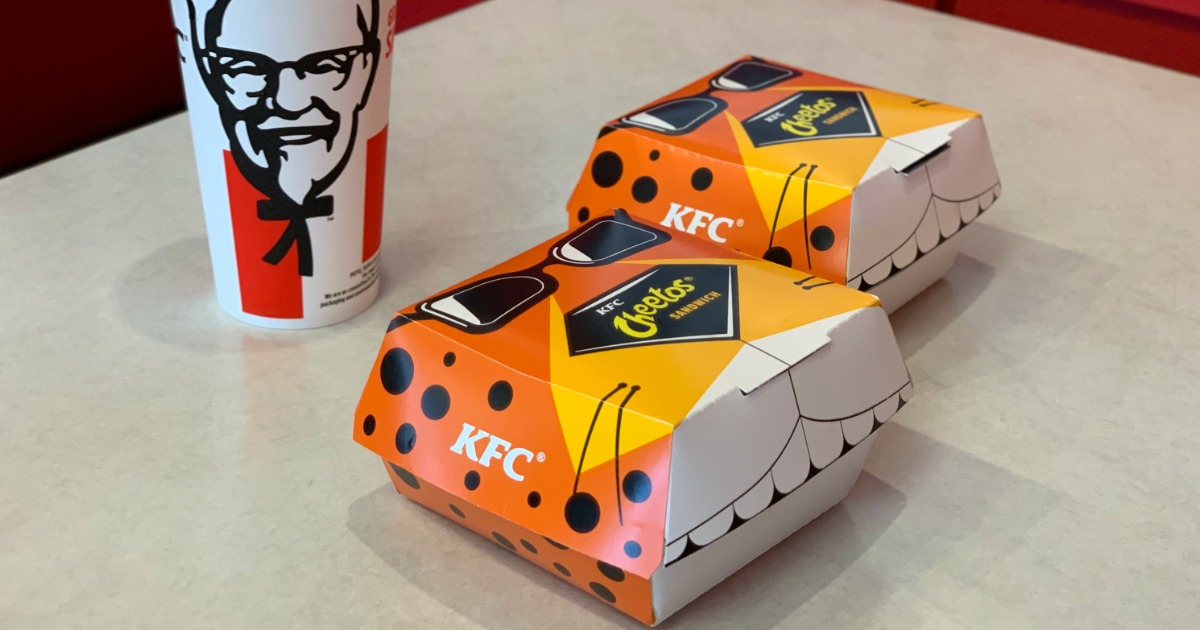 2 boxes of KFC Cheetos Sandwiches on table