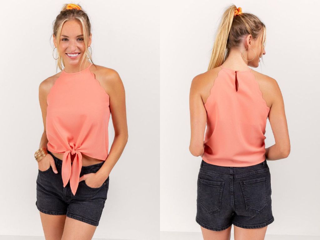 woman wearing Kristina Scalloped Tank Top in coral
