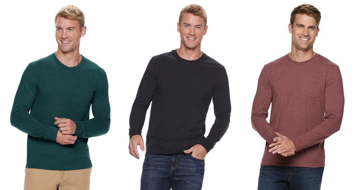 three men wearing long sleeve tees in various colors