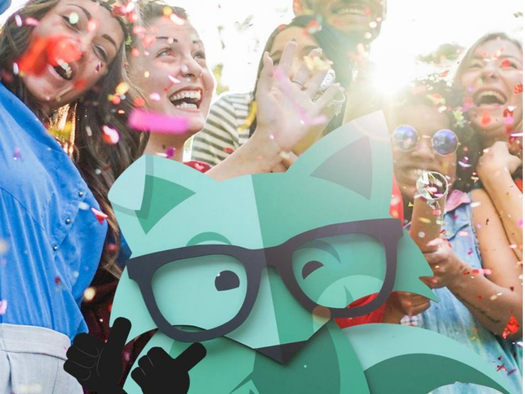 Mint Mobile fox with excited people behind him and confetti