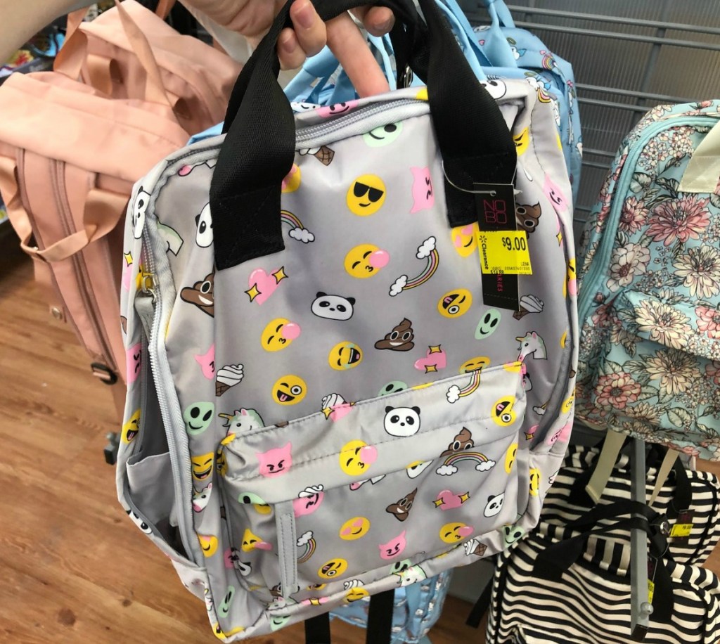 emoji-print silver backpack in store