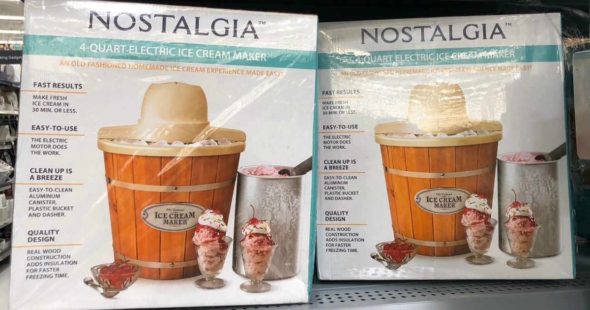 two Nostalgia 4-Quart Wood Bucket Electric Ice Cream Makers in boxes on Walmart store shelf