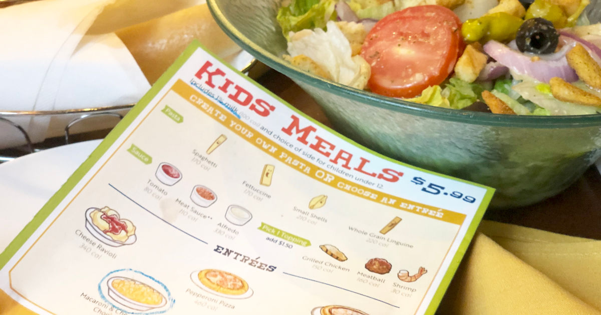 Olive Garden Kids Meal Menu with salad in store