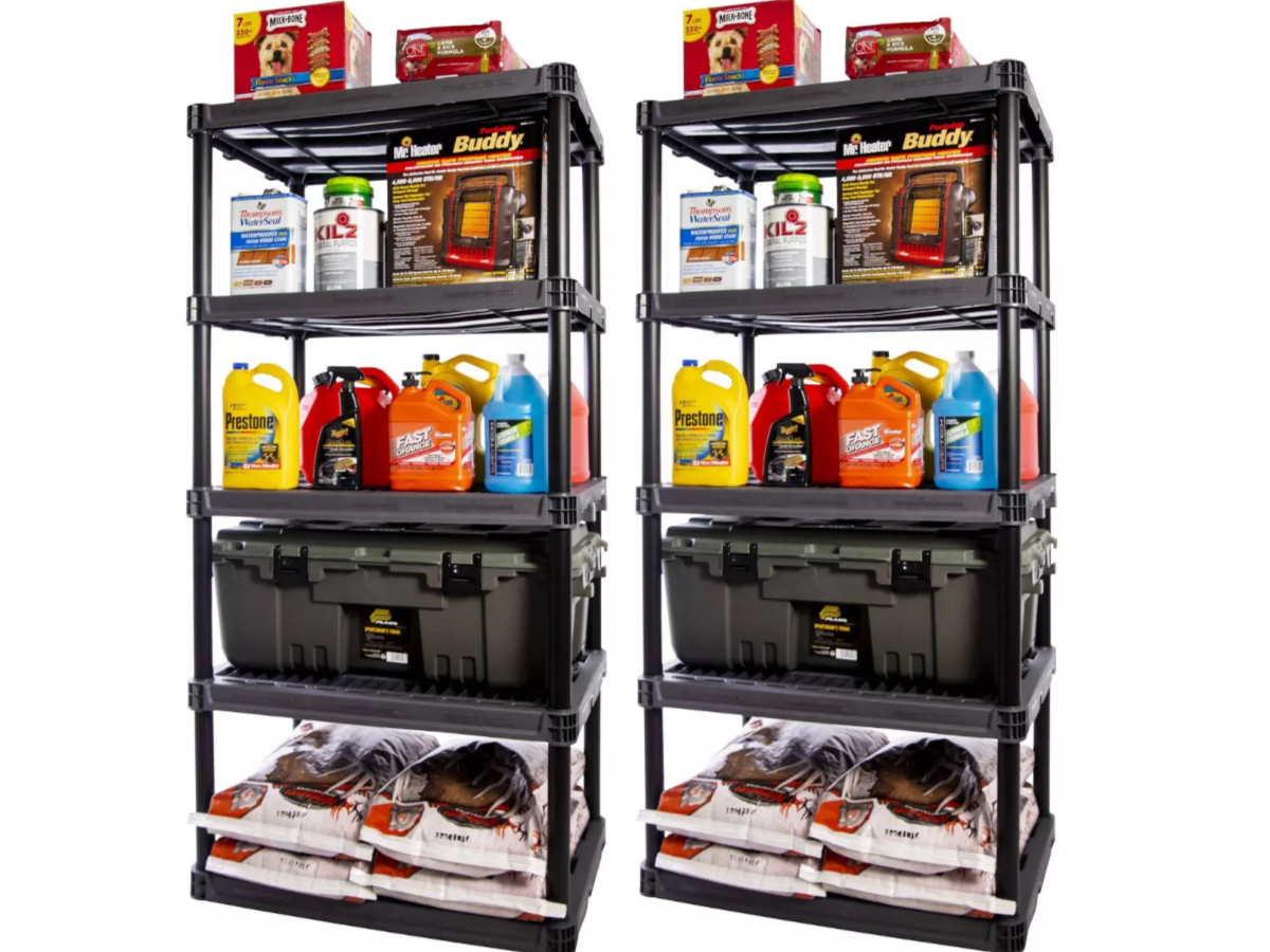 Plano 5 Shelf Utility Storage with boxes and various household items