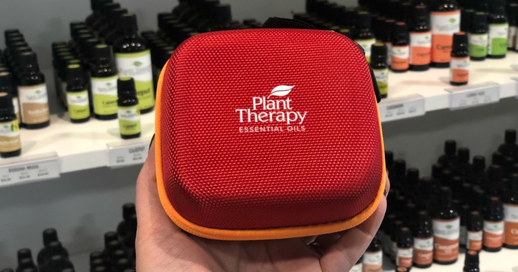 Plant Therapy Summer Grab Bag being held in front of essential oils