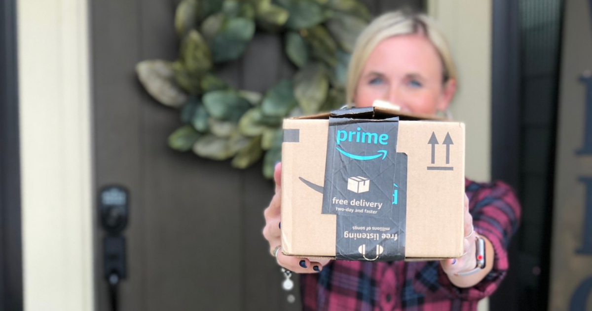 amazon prime box in woman's hands