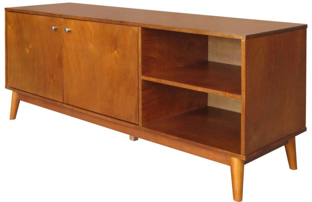 brown entertainment center with shelves