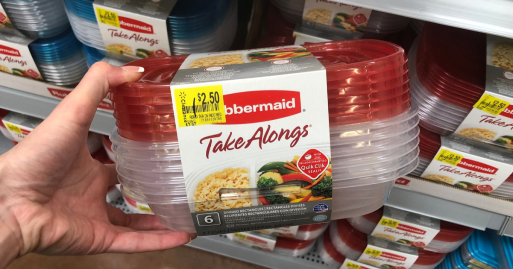 woman holding rubbermaid takealongs at walmart