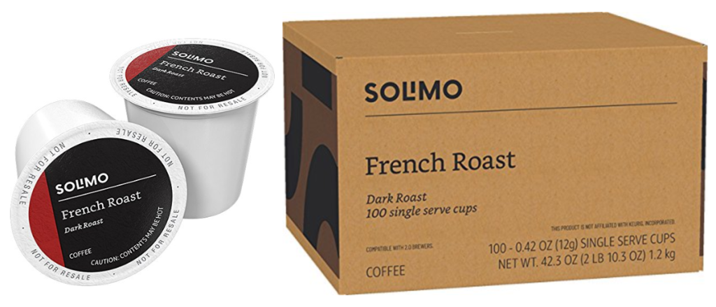 Solimo French Roast 100-Count K-Cups with box next to it