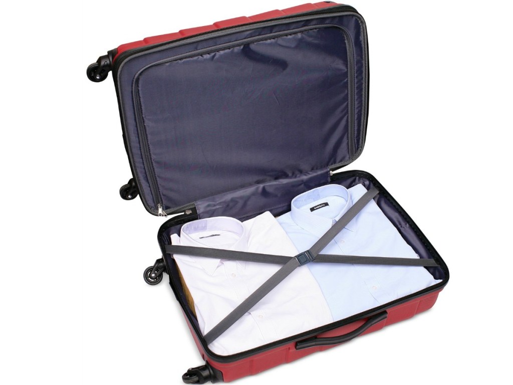 Tag hardside spinner open with compartments showing