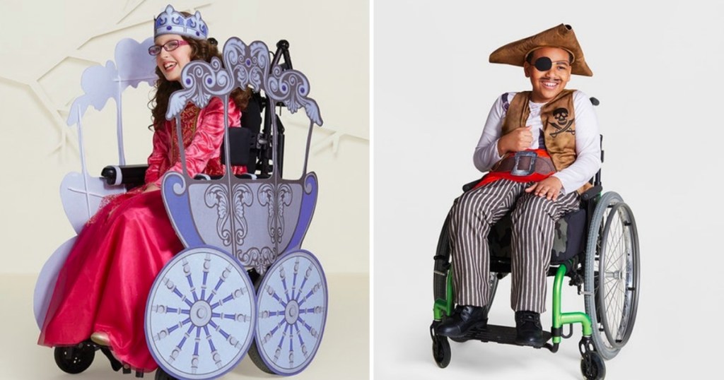 Girl and boy in wheelchairs wearing Target's Adaptive line of Halloween costumes