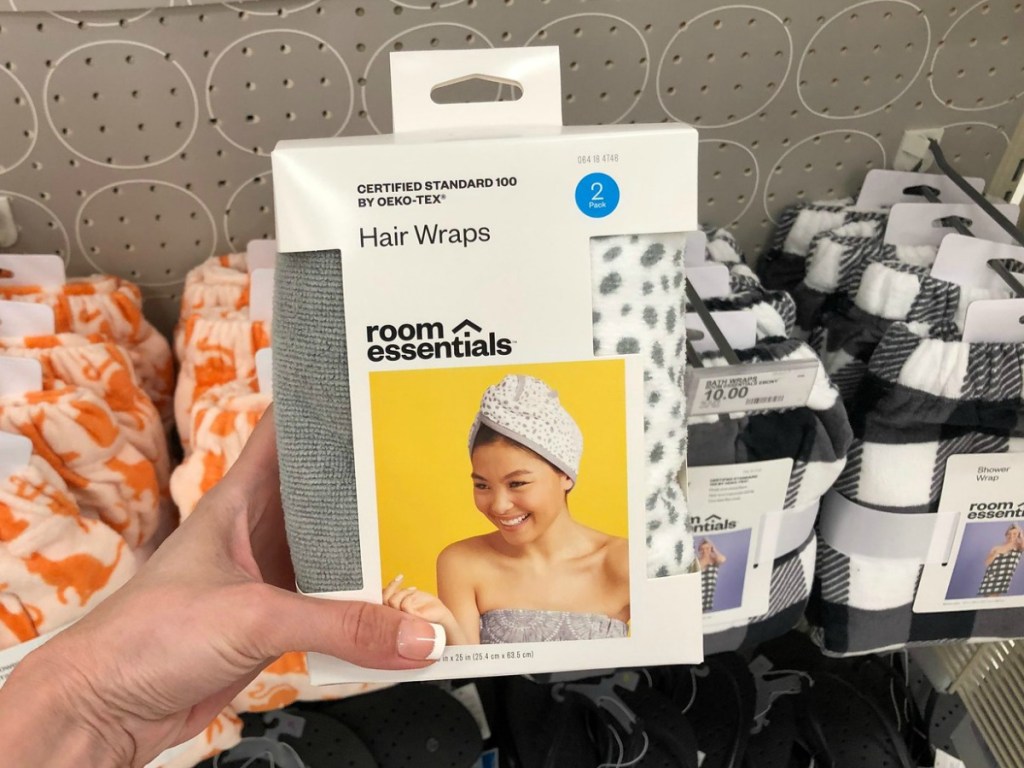 Room Essentials Hair Wrap 2-Pack held by hand in front of Target end cap
