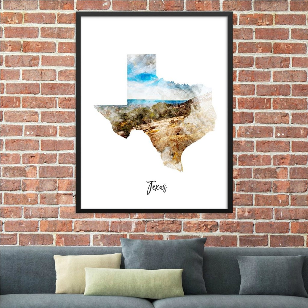 Texas watercolor Map hung over couch