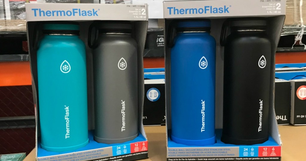 Two packs of thermoflask water bottles on pallet