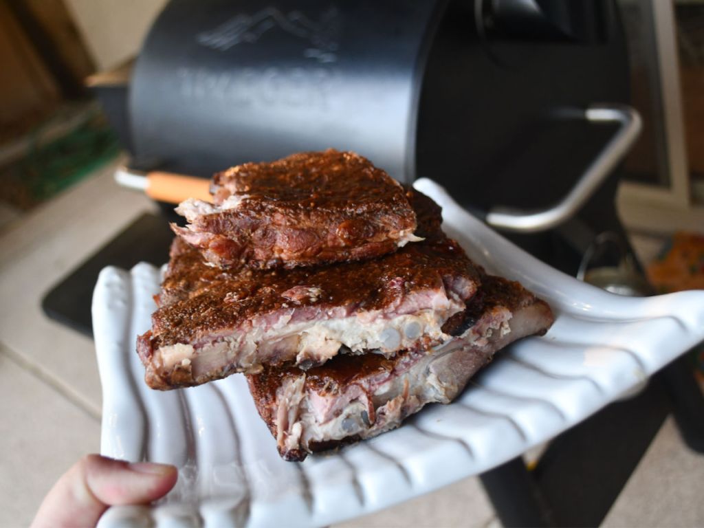 traeger smoker with ribs on the front shelf