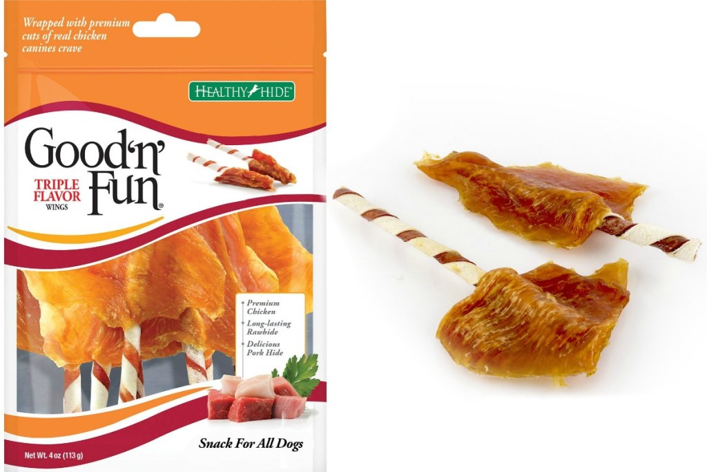 Package of dog treats with beef, pork, and chicken