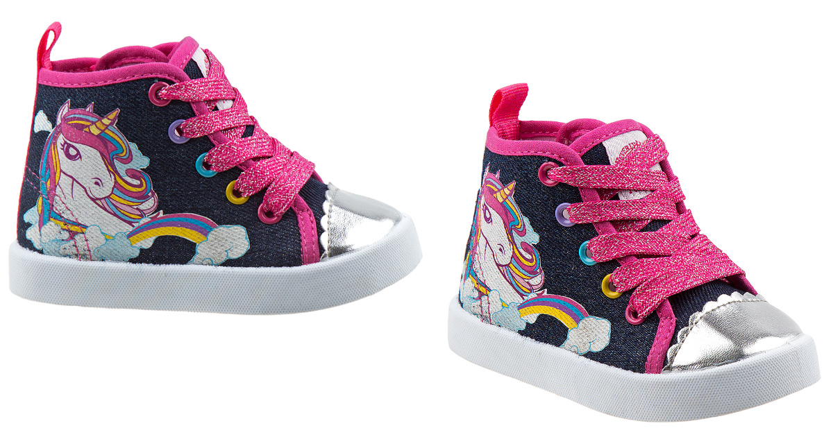 girls unicorn sneakers with pink glitter laces