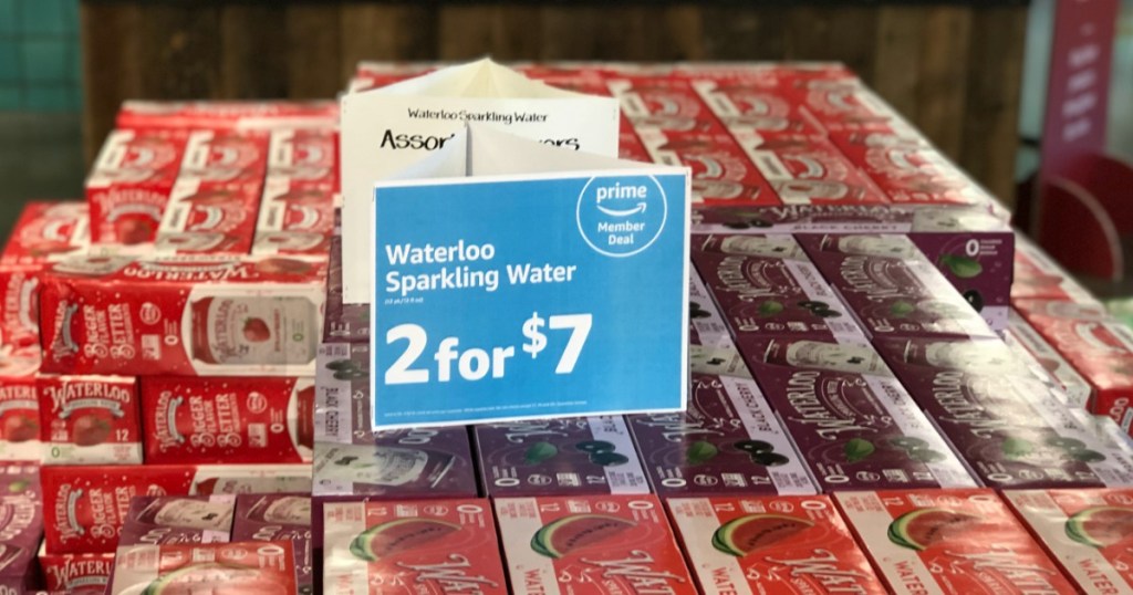 Store display of Waterloo Sparkling Water in Whole Foods