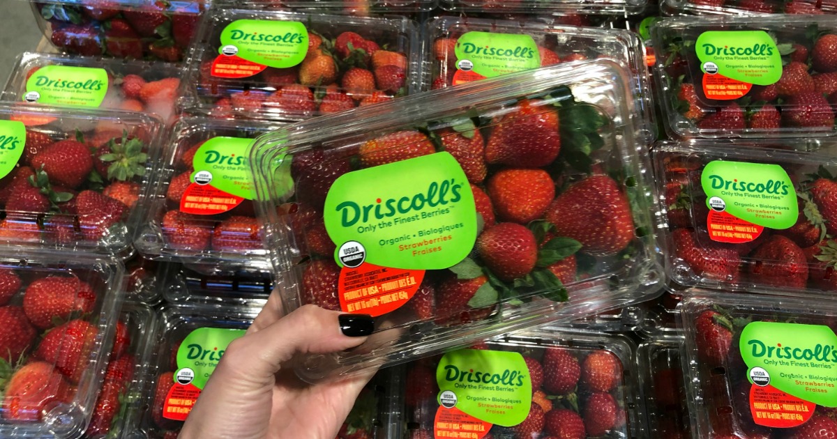 Woman holding Driscoll's berries in Whole Foods