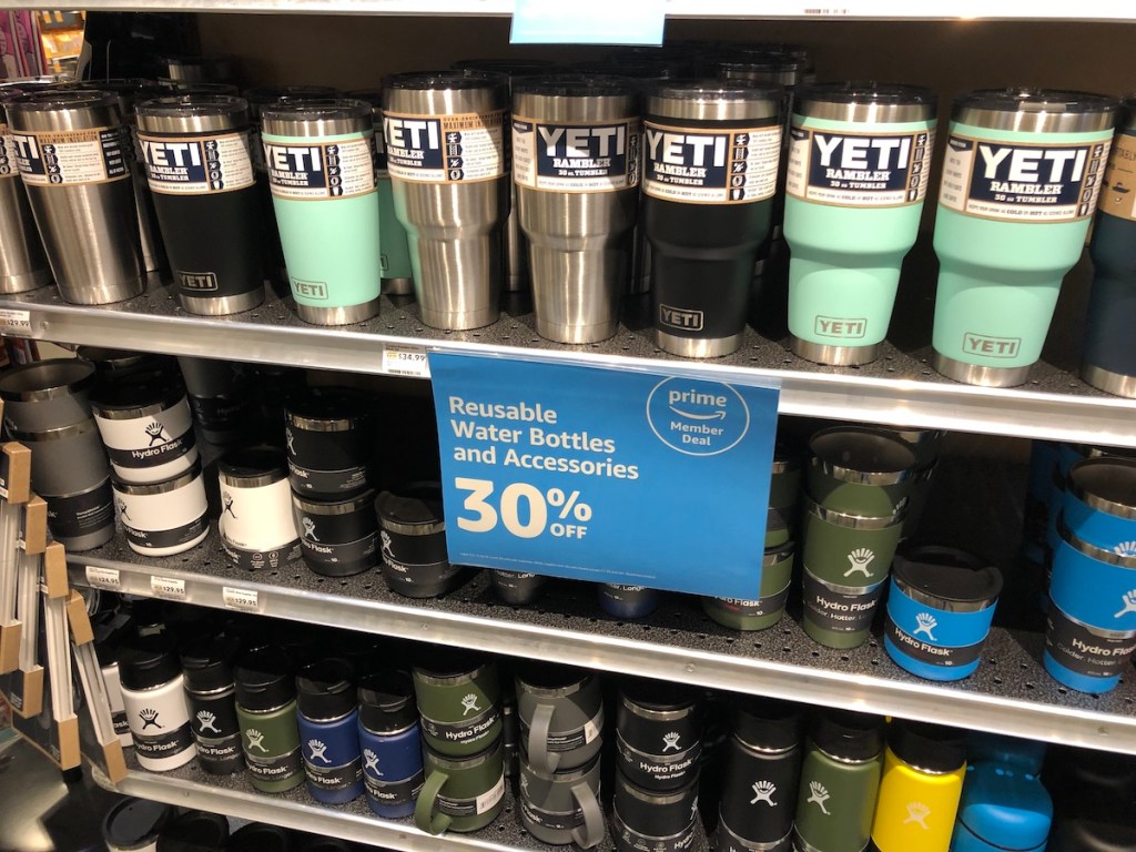 Shelf display of Yeti cups at Whole Foods