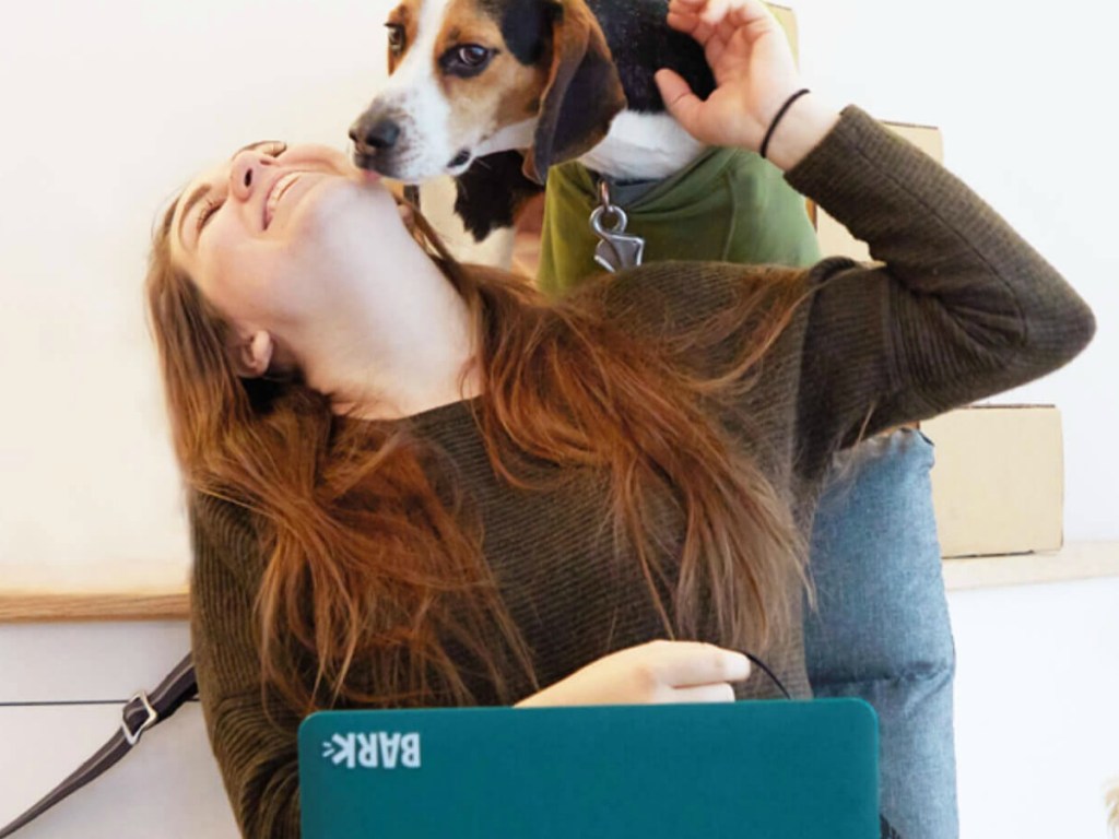 woman by laptop with dog licking her face