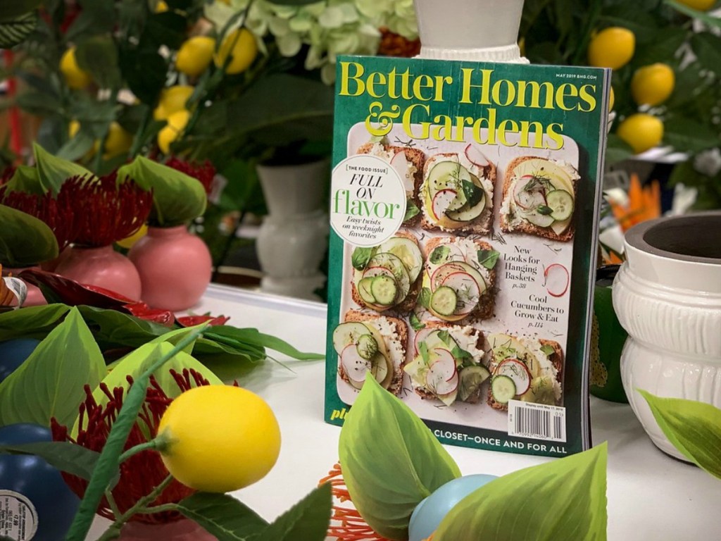 Better Homes & Garden magazine on table with plants surrounding it