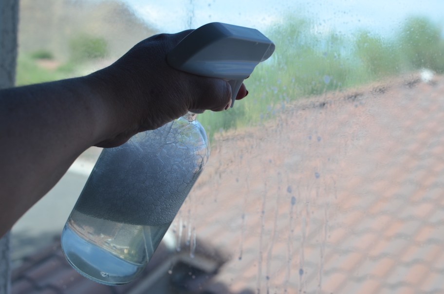 hand spraying bottle of cleaner on glass window