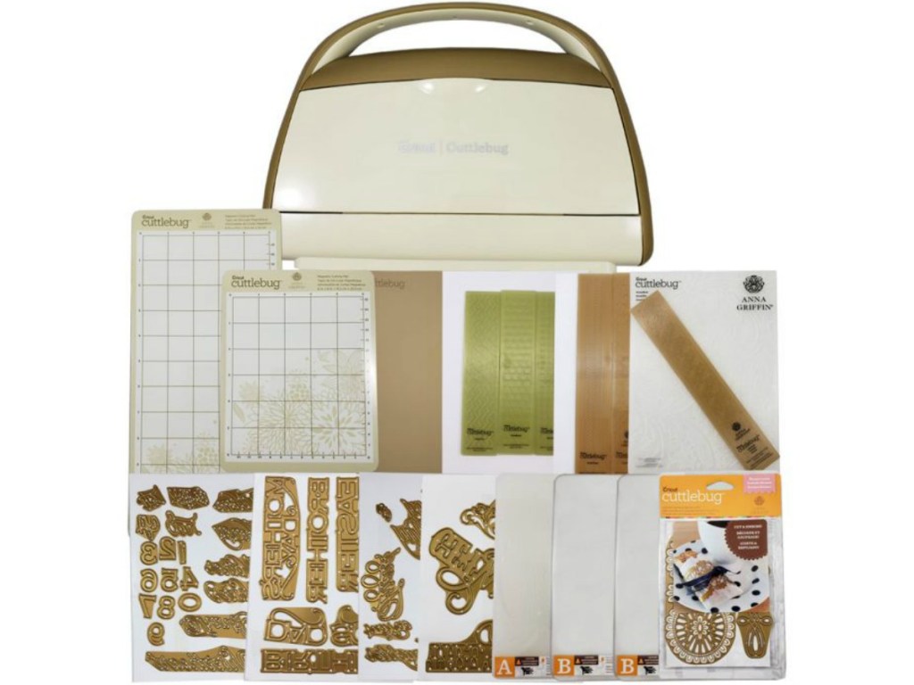 gold cuttlebug machine and accessories