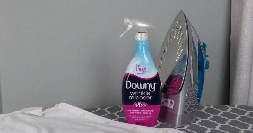 Downy wrinkle release spray on ironing board