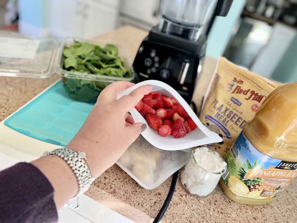 frozen strawberries in a stasher freezer bag