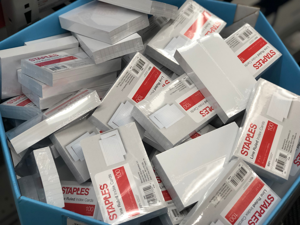 Staples brand index cards in bin