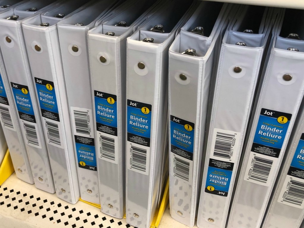white binders on store shelf