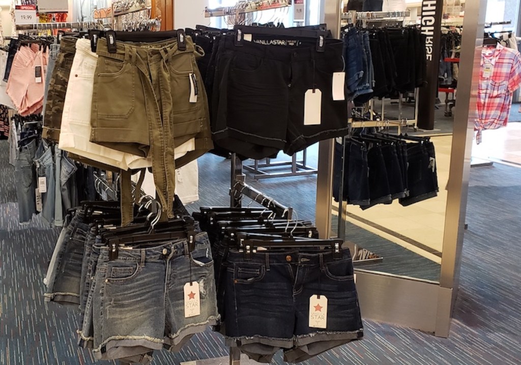 clothing rack with junior shorts at macys