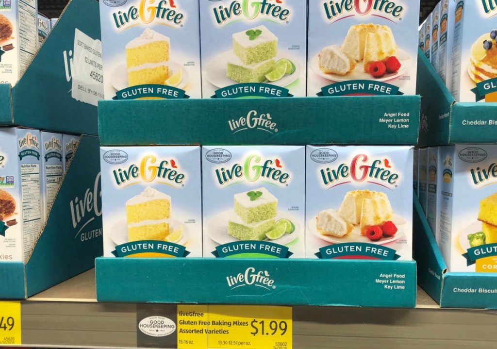 ALDI store display of gluten-free baking mixes in a variety of flavors.