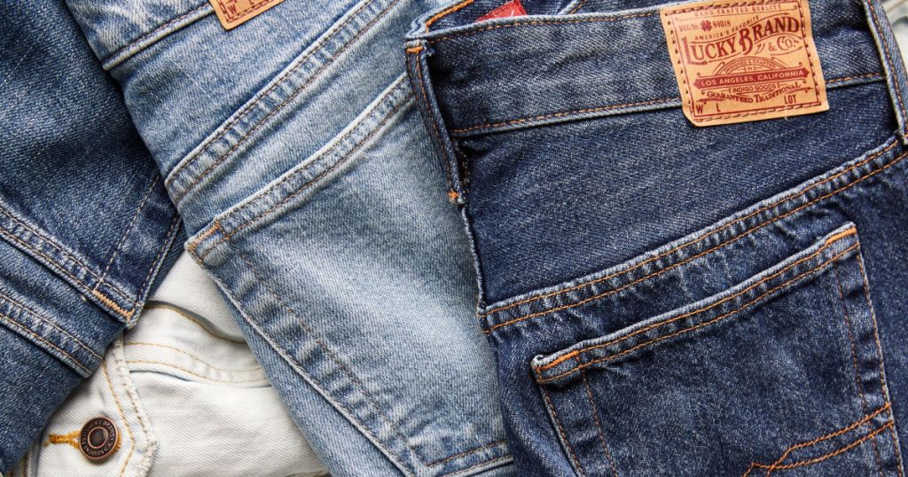 multiple lucky brand jeans with logo showing
