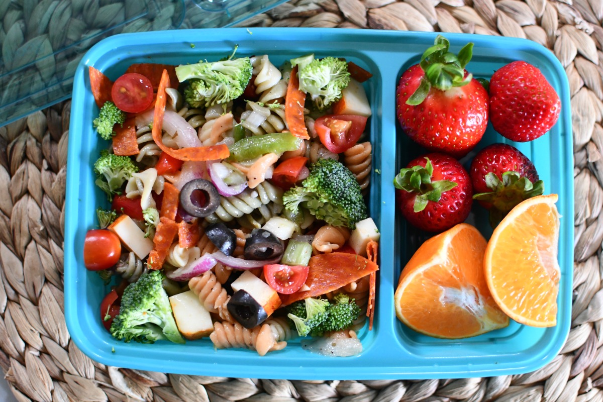 pasta salad lunch for kids in a lunch container 