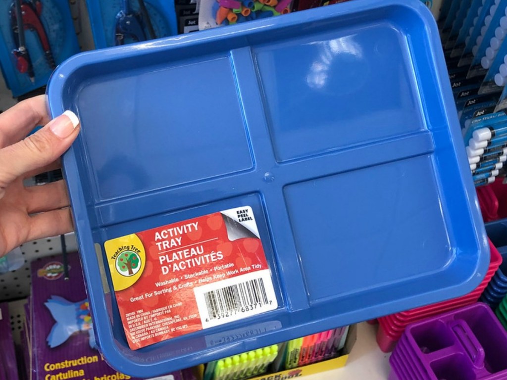 handing holding blue plastic tray in store