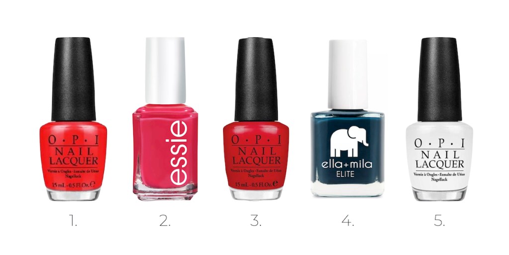 row of nail polish colors red pink dark blue and white
