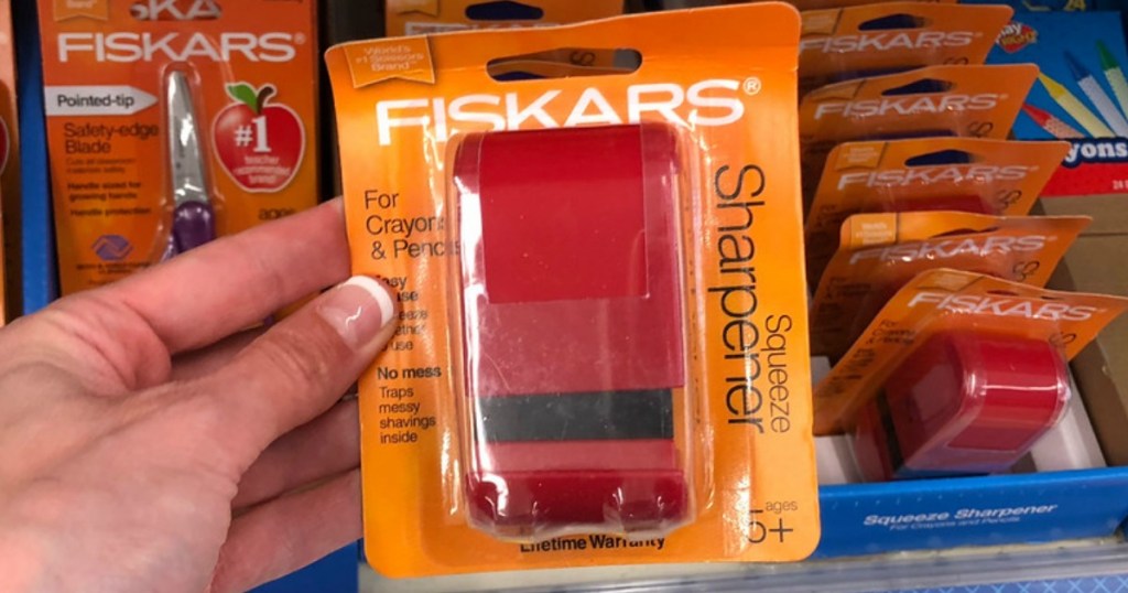 hand holding fiskars pencil sharpener at walgreens