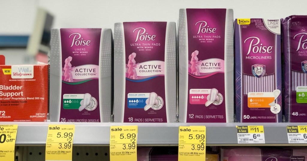 poise active collection pads on a shelf at walgreens