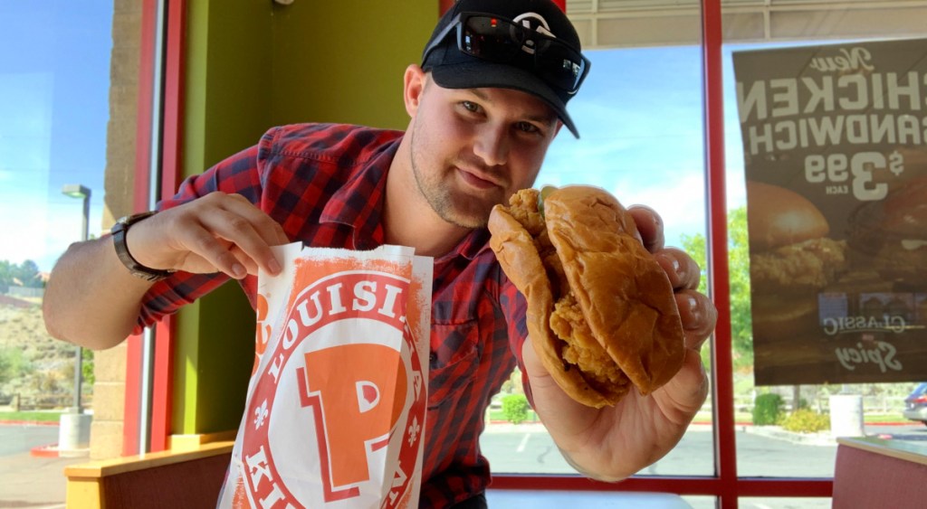 Stetson with Popeyes chicken sandwich