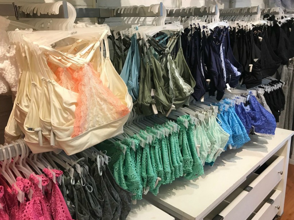 pic of lots of Aerie bras at the store