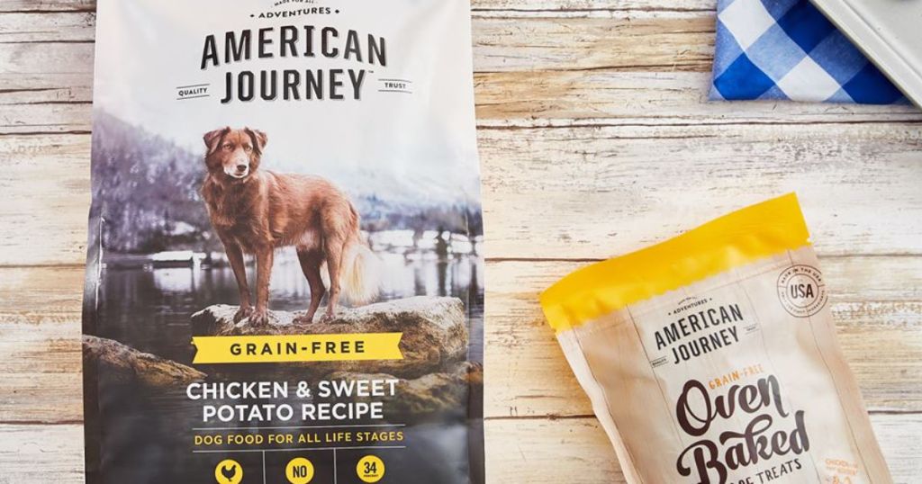 American Journey Dog Food or Dog Treats on wood background