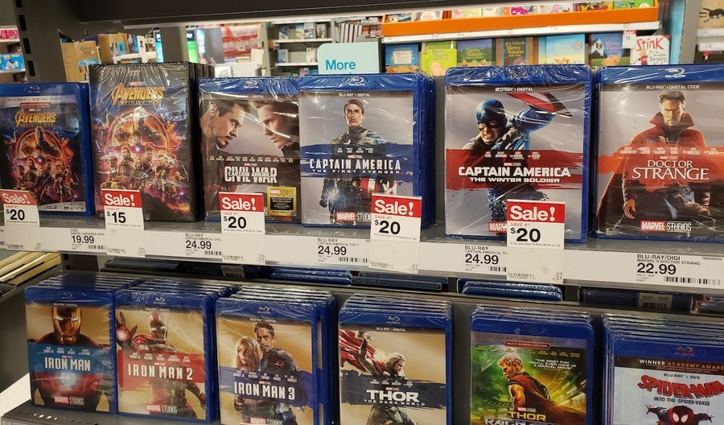 Avengers movies on shelf at Target