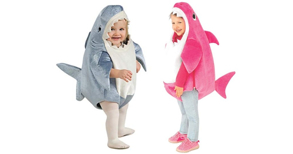 2 kids wearing baby shark costumes